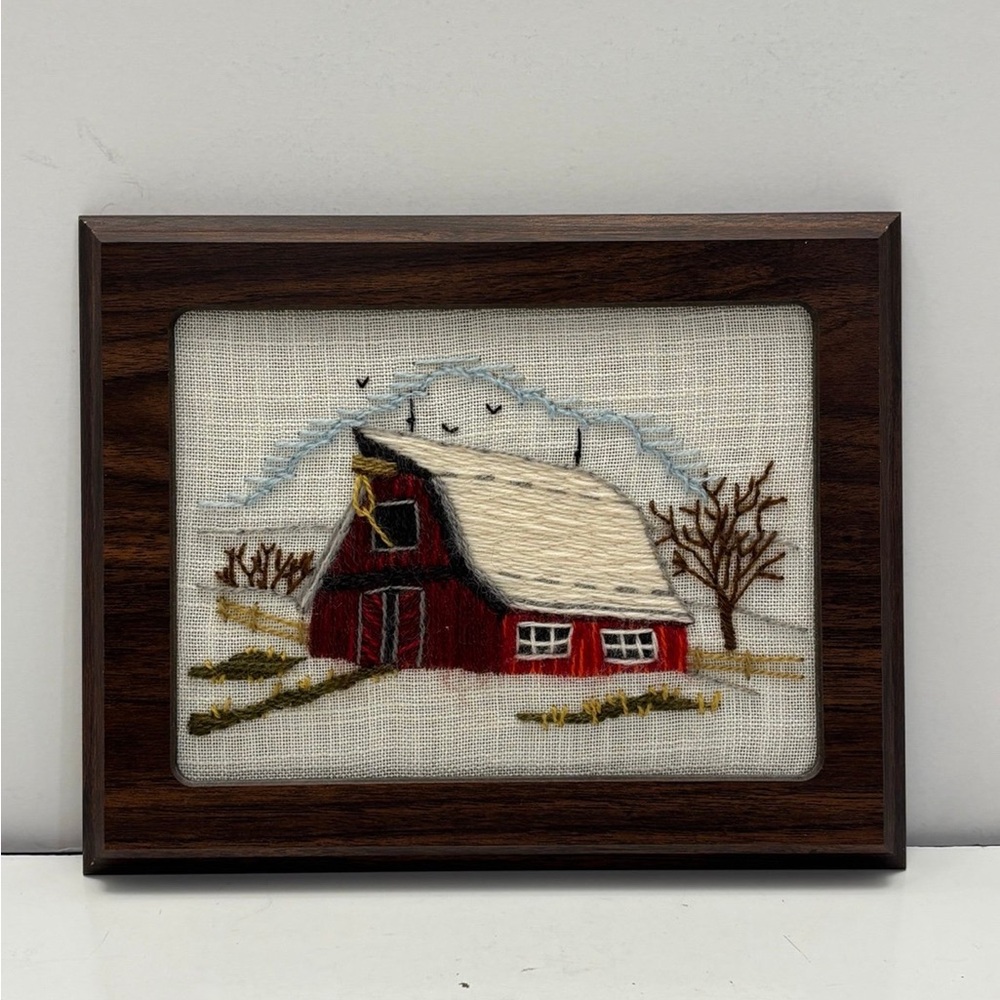 Vintage Framed Crewel Barn Red in Snow Scene Mid Century Needlework Wall Art